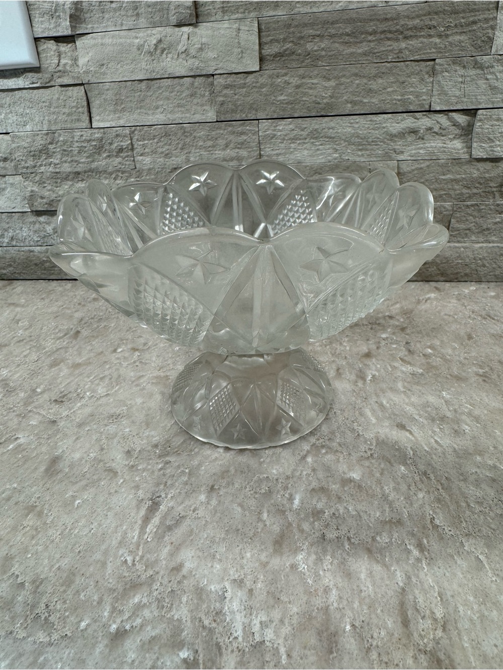 Clear, mid century, pressed glass square pedestal bowl, diamond/ star pattern
